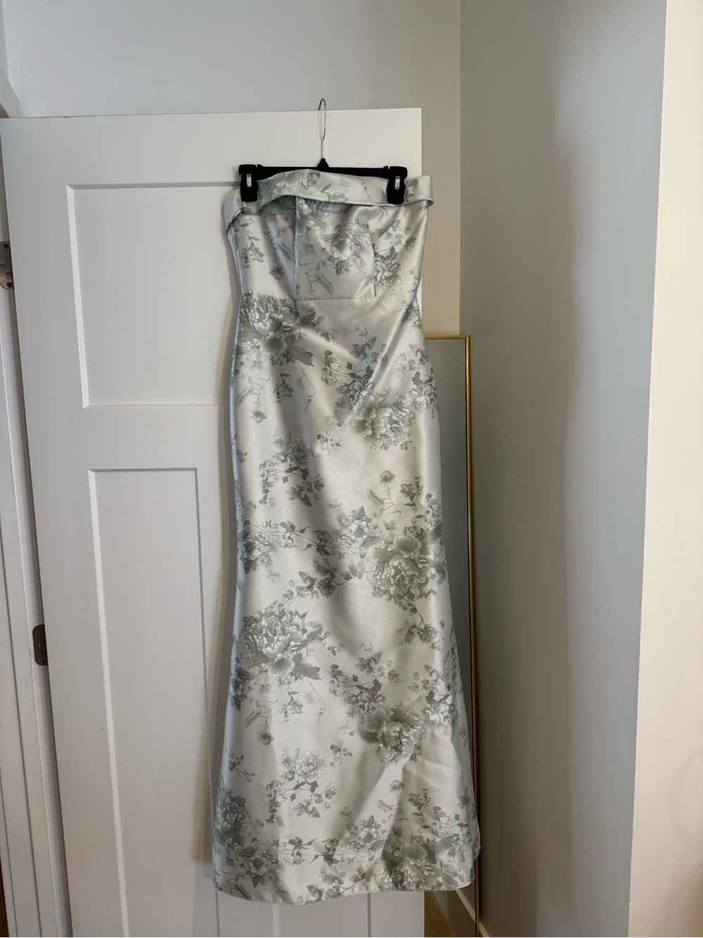 ALFRED SUNG Pale Green-White Floral Satin Strapless Maxi Dress - Picture 2 of 6